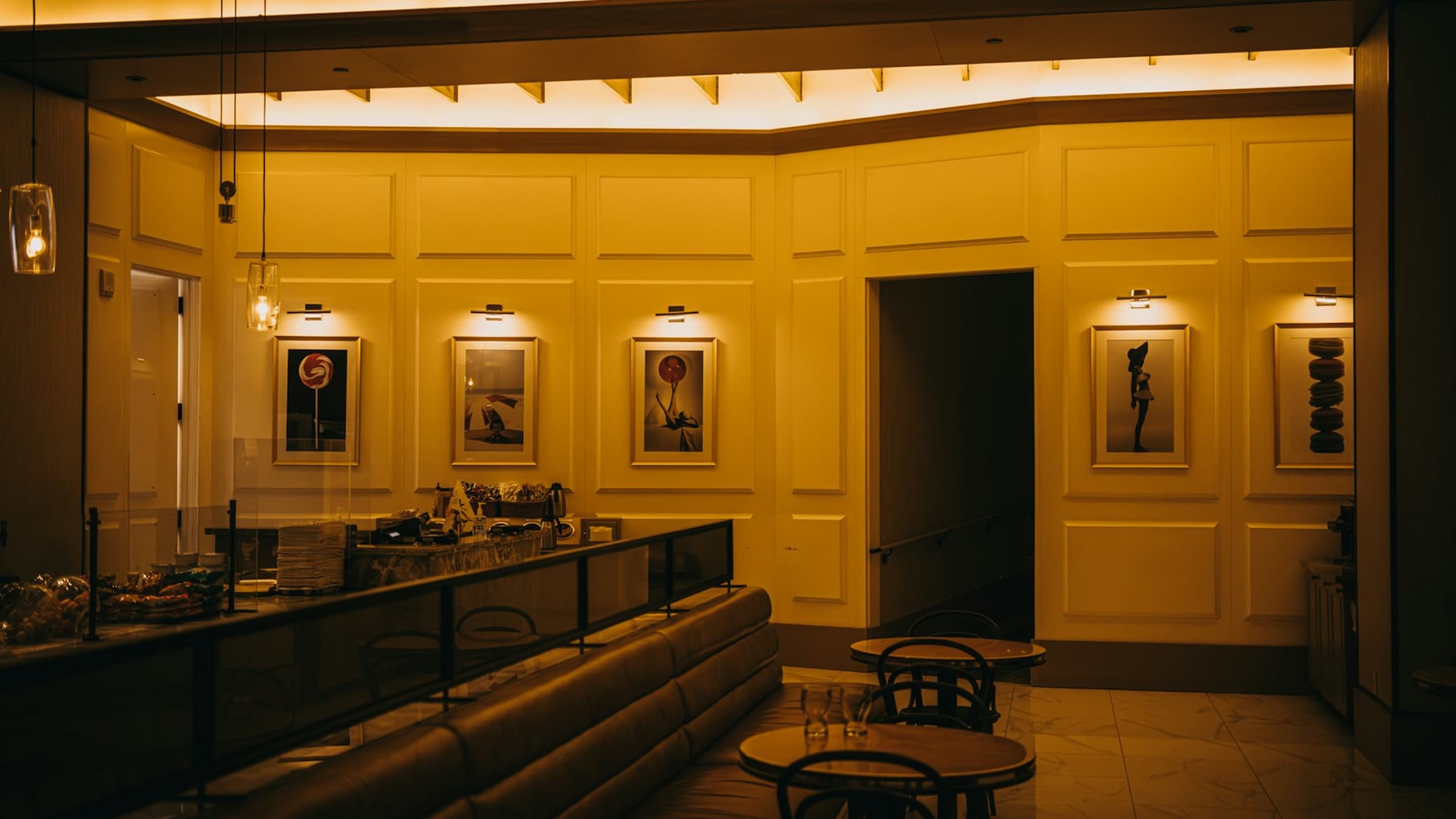Banquet room with warm golden light